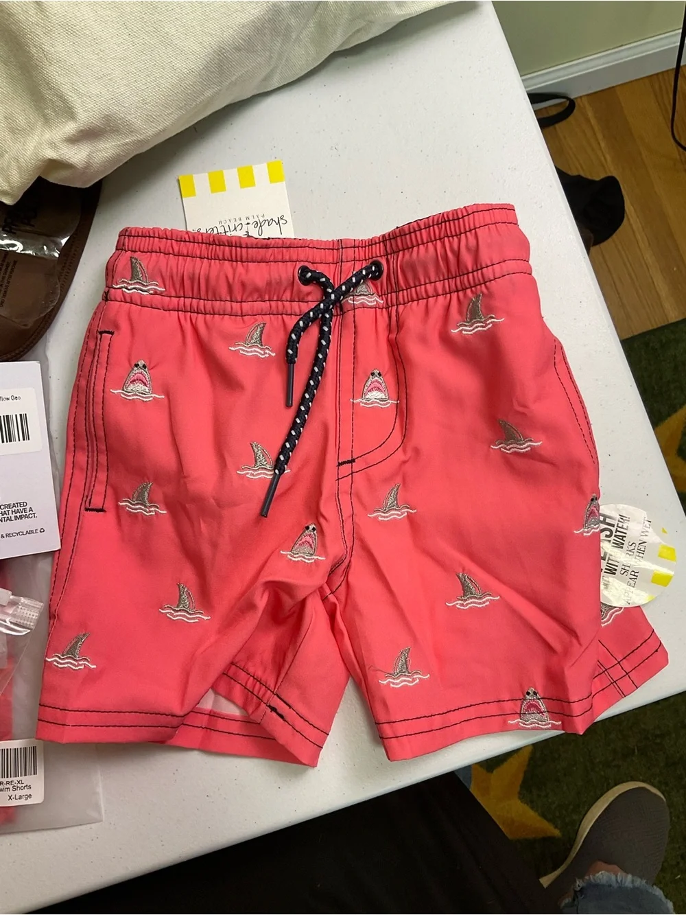 Shark Bite Boys 4 Way Stretch Water Appearing Embroidered Swim Trunks - Coral